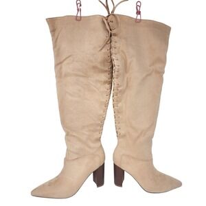 Womens Tan Faux Suede Thigh High Lace Up Back Block Heel Boots Size 7.5 NEW